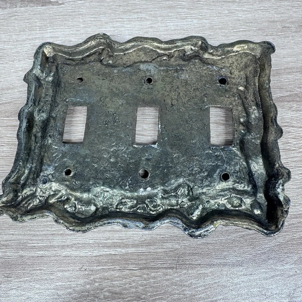 Ornate Brass Tone Triple Light Switch Cover Vintage Heavy Cast Metal Wall Plate